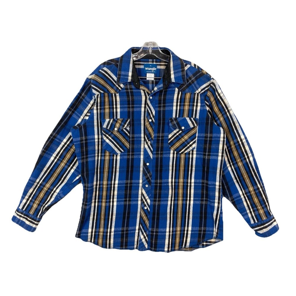 Wrangler Western Shirt Men XL Pearl Snap Blue Plaid Flannel Heavy Retro Gorpcore
